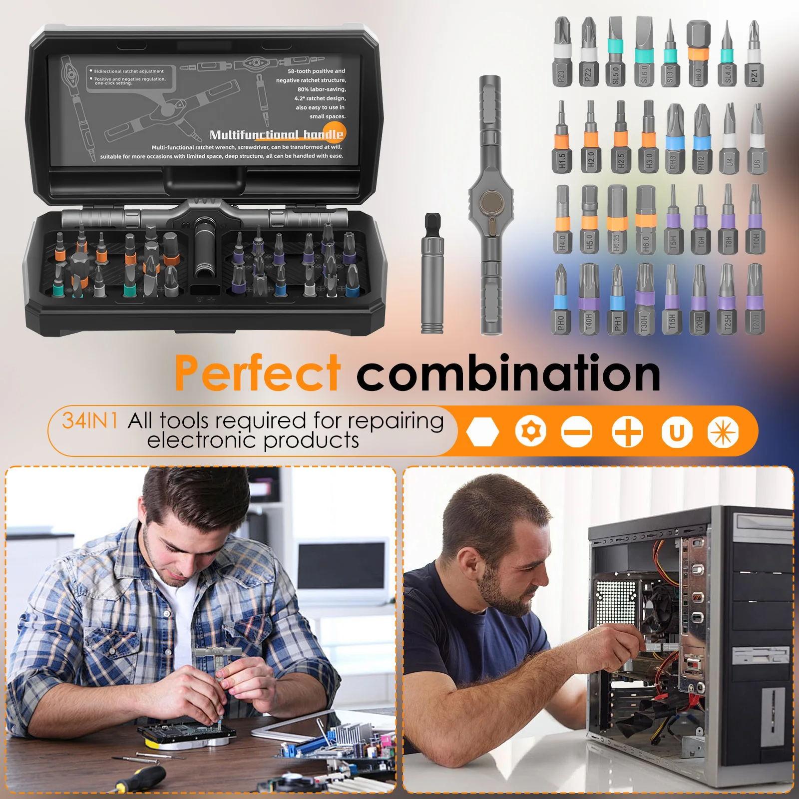 34 In 1 Ratchet Screwdriver Set Multifunctional Magnetic Screwdriver Repair Tool with 32 Short Bit for Computer Eyeglasses