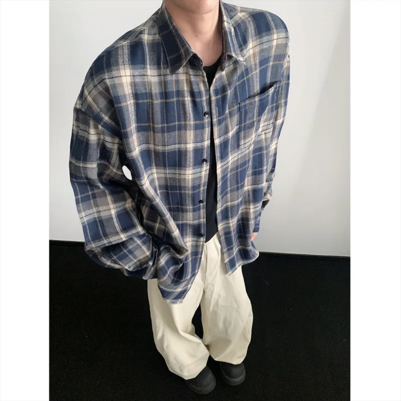 Autumn Long Sleeved Shirt Men Fashion Retro Plaid Shirt Men Japanese Streetwear Loose Brown Casual Shirts Mens Large Size 4XL