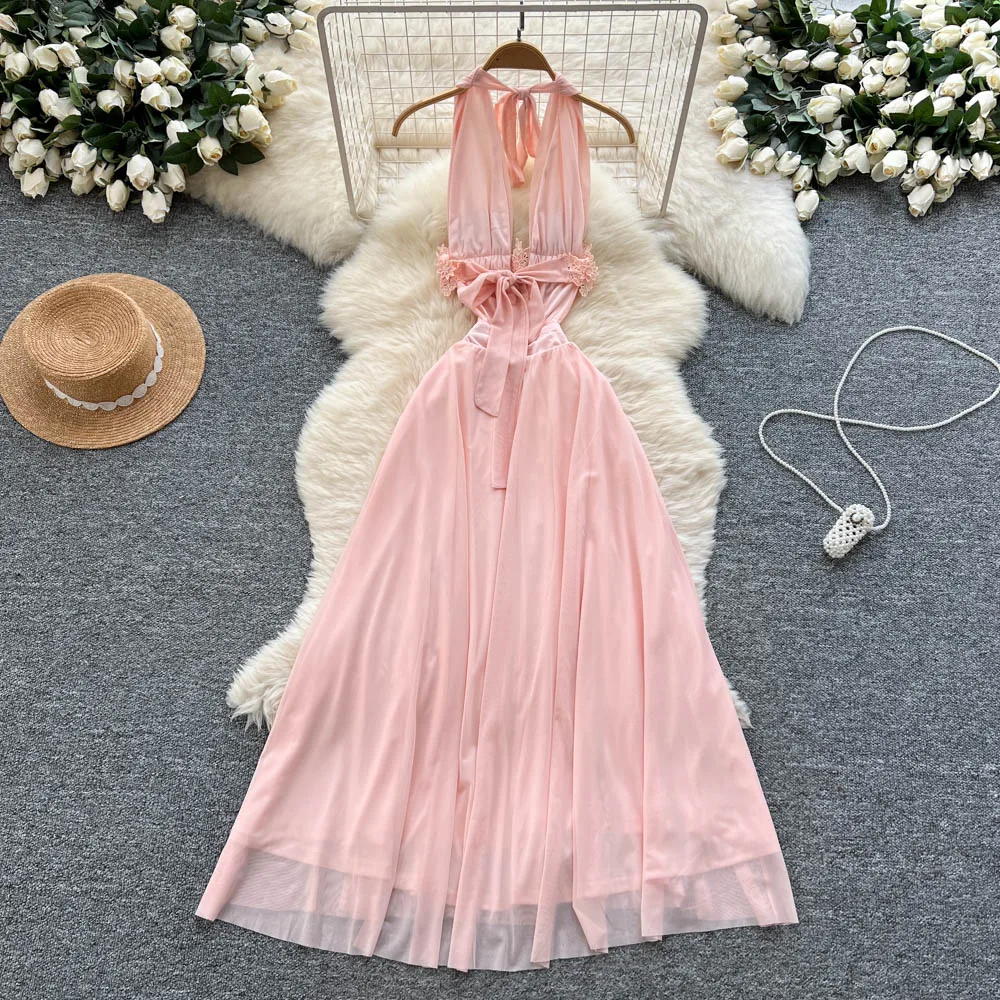 Chic vintage backless V-neck mesh sleeveless Elegant Fairy korean fashion Boho Sundress women clothing dress