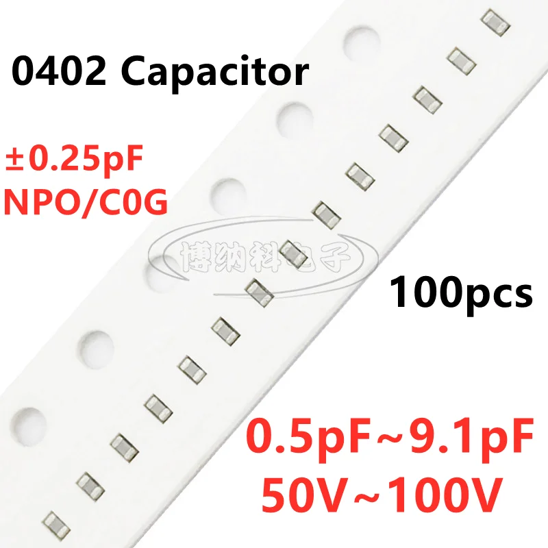 100pcs SMD Capacitor 0.75/1/1.2/1.3/1.5/1.8/2.2/2.5/2.7/3/3.3/3.5/3.6/3.9/4/4.3/4.7/5/5.1/5.6/6.2/6.8/7/7.5/8.2/9.1PF C0G