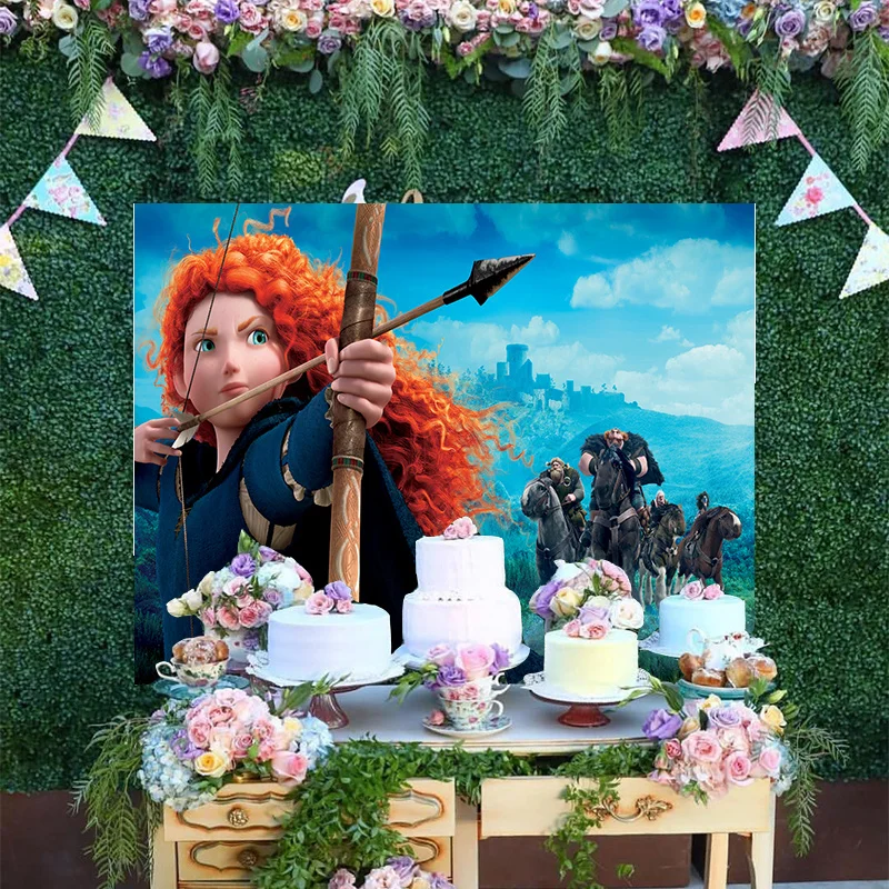 

Disney Cartoon Brave Merida Girls Princess Baby Happy Birthday Party Blue Photo Backdrop Decoration Photo Backgrounds Banner