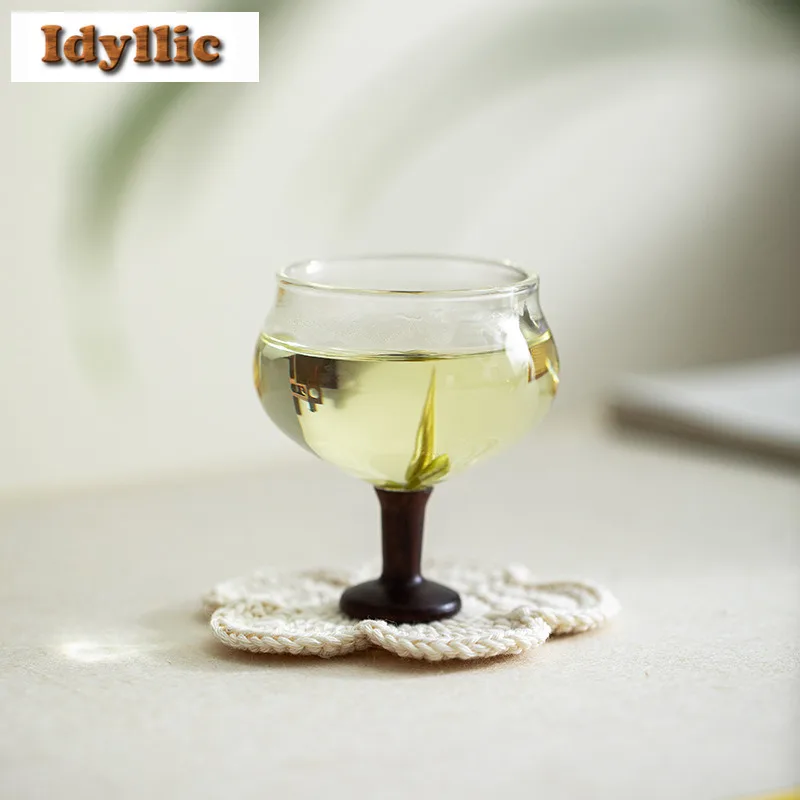 

2pc/lot Handmade Ebony Wood Small Tall Foot Glass Teacup Retro Tea Bowl Mug Tea-tasting Personal Cup Jianzhan Master Cups 85ml