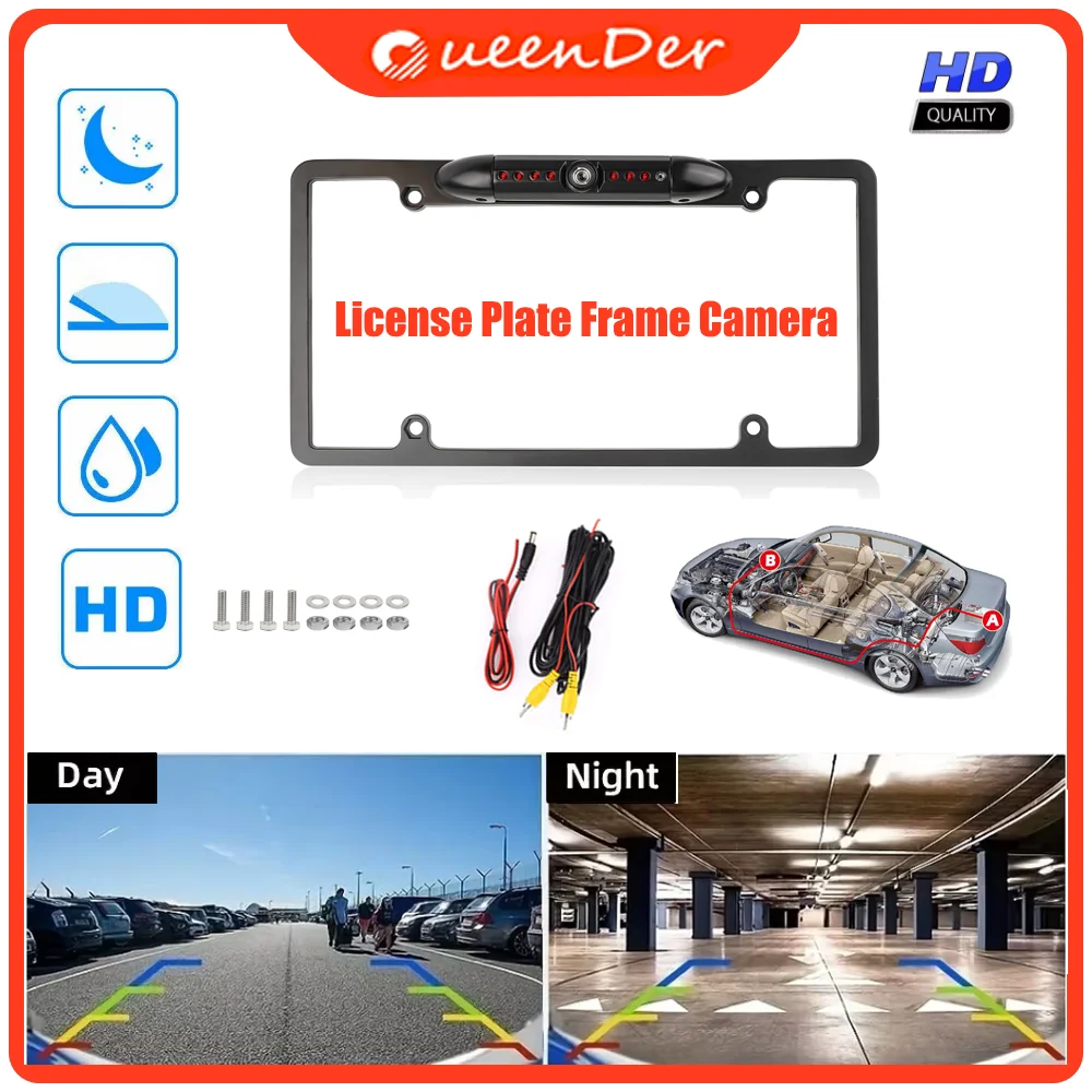 QueenDer 8LED Backup Rear View Camera License Plate Night for Car/SUV/Pickup/Truck/Trailer