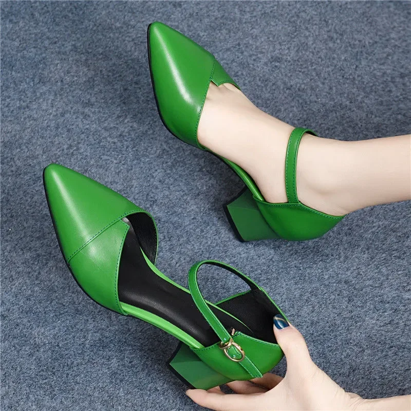 Women Cute Pointed Toe Green Patent Leather Buckle Strap Square Heel Shoes for Spring & Summer Lady Cute Black Office Shoes A111