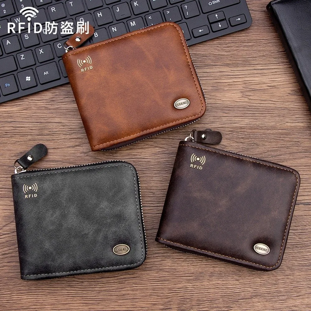 New RFID Blocking Wallet PU Leather Multiple Card Slots Card Holder Business Style Zipper Closure Cash Compartment Daily Use