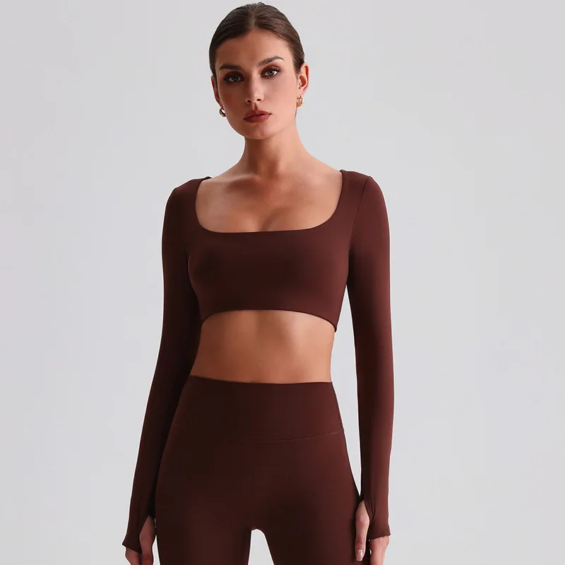 

2025 Women Nude Feel Long Sleeve Square Neck Tight Yoga Top Slim Fit Sports Underwear Fitness Activewear