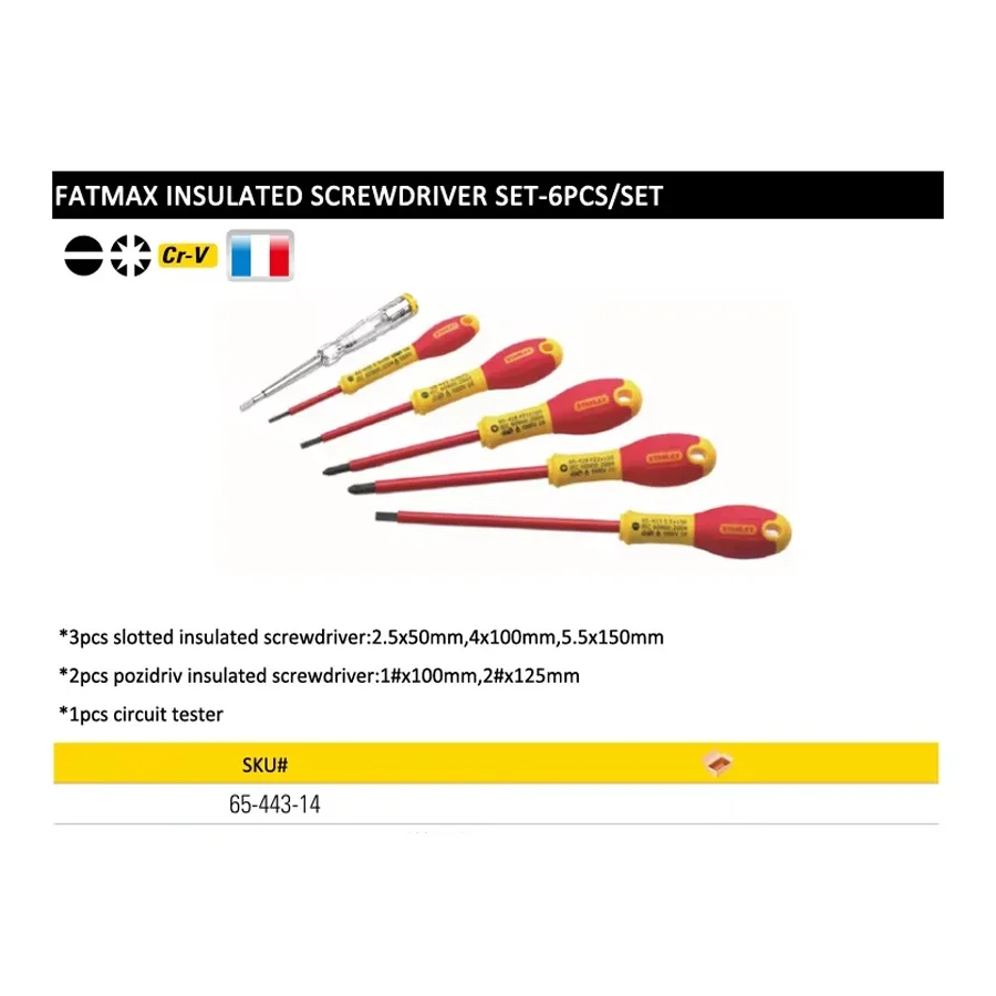 STANLEY 6Pcs Insulated Screwdriver Set with Slotted and Pozidriv Screwdriver 1000V VDE with Circuit Tester No.65-443-14