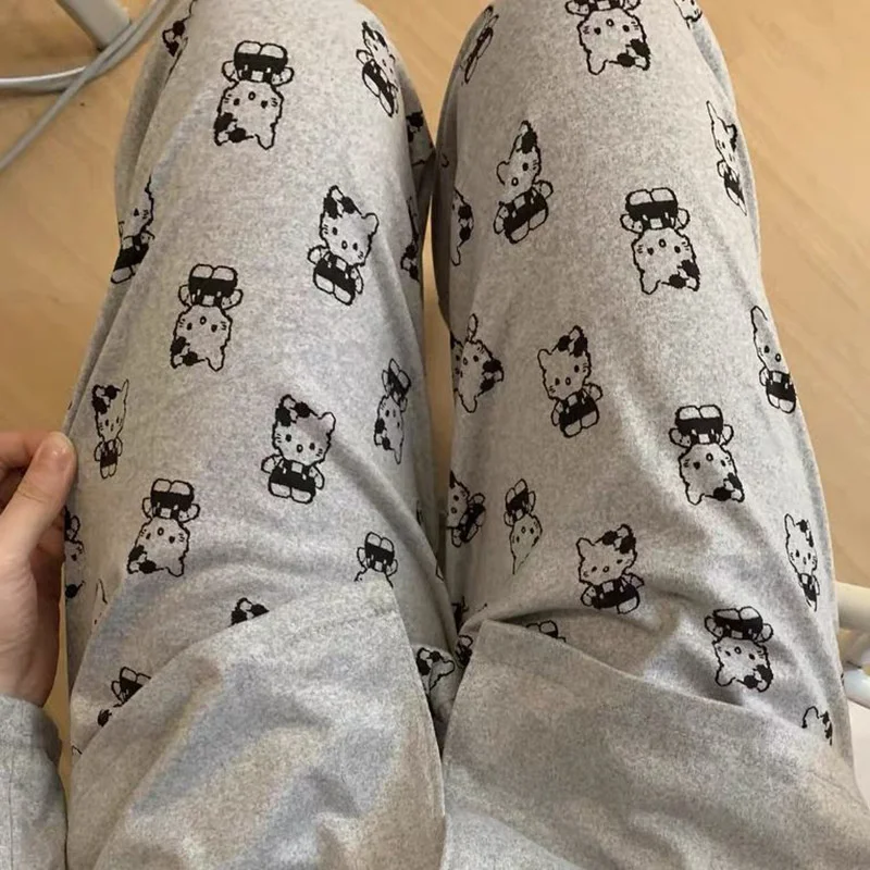 Gri Hello Kitty baskılı pijama pantolon Kawaii Y2K gevşek boyutu ev mobilya kız sevimli yaz rahat pantolon doğum günü hediyesi