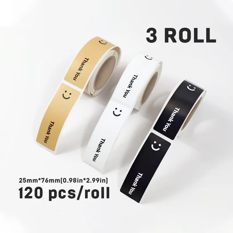 120Pcs/roll Smiling Face Black and White Thank You Rectangular Seal Sticker Gift Sticker for Homemade Packaging Decoration Label