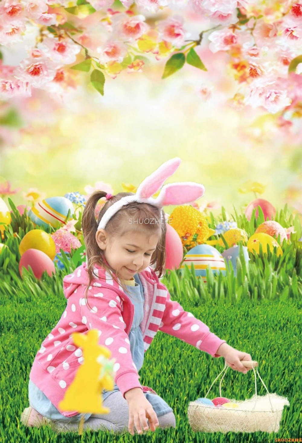 Фон с Пасхой для фотографии, весенняя зеленая трава, цветок, яйца, кролик, деревянная доска, детский фотофон для студии