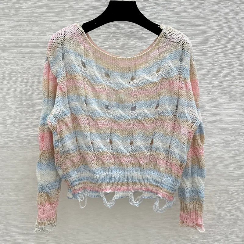 

High-quality women's striped pattern spiral perforated design sweater collage torn effect luxury pullover 25916198