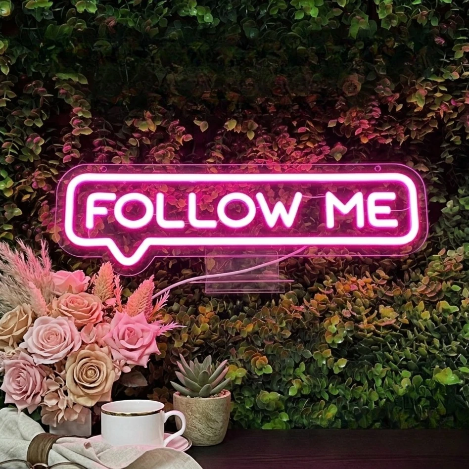 "Follow Me" Neon LED Sign Dimmable Wall Decor Light for Streaming Room, Gaming Setup, Home Office & Bar - USB Powered Easy Setup