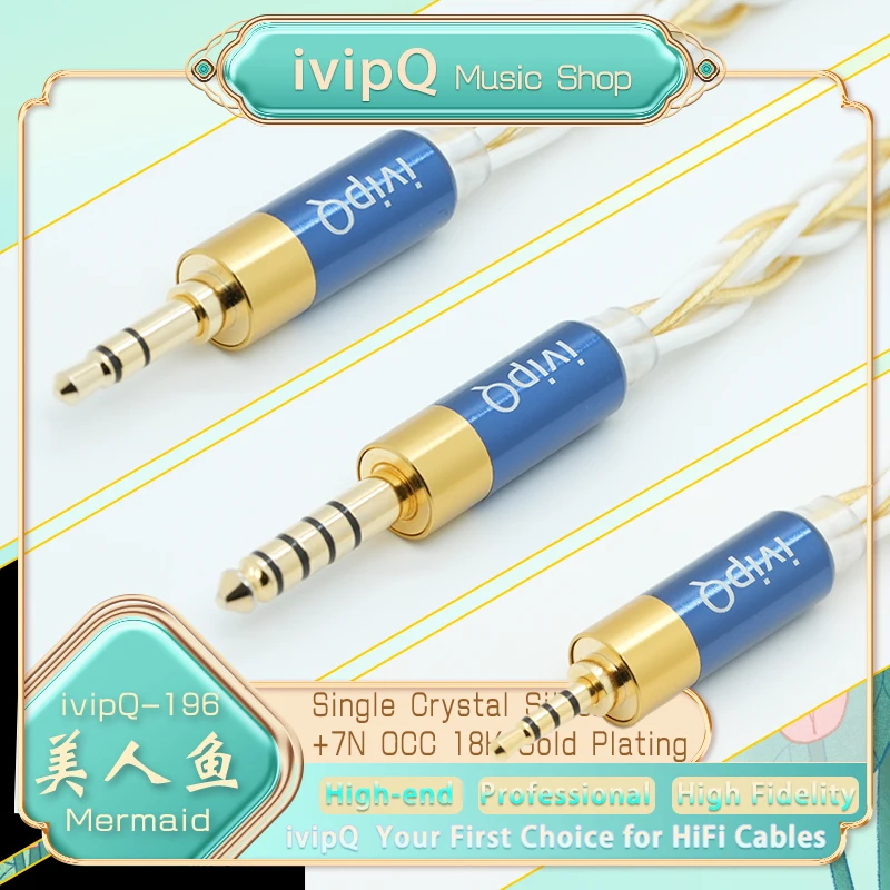 ivipQ-196 Mermaid Liquid Nitrogen Single Crystal Silver 18K 7N OCC Gold Plating HiFi Earphone Upgrade Cable with 2Pin IE900 MMCX