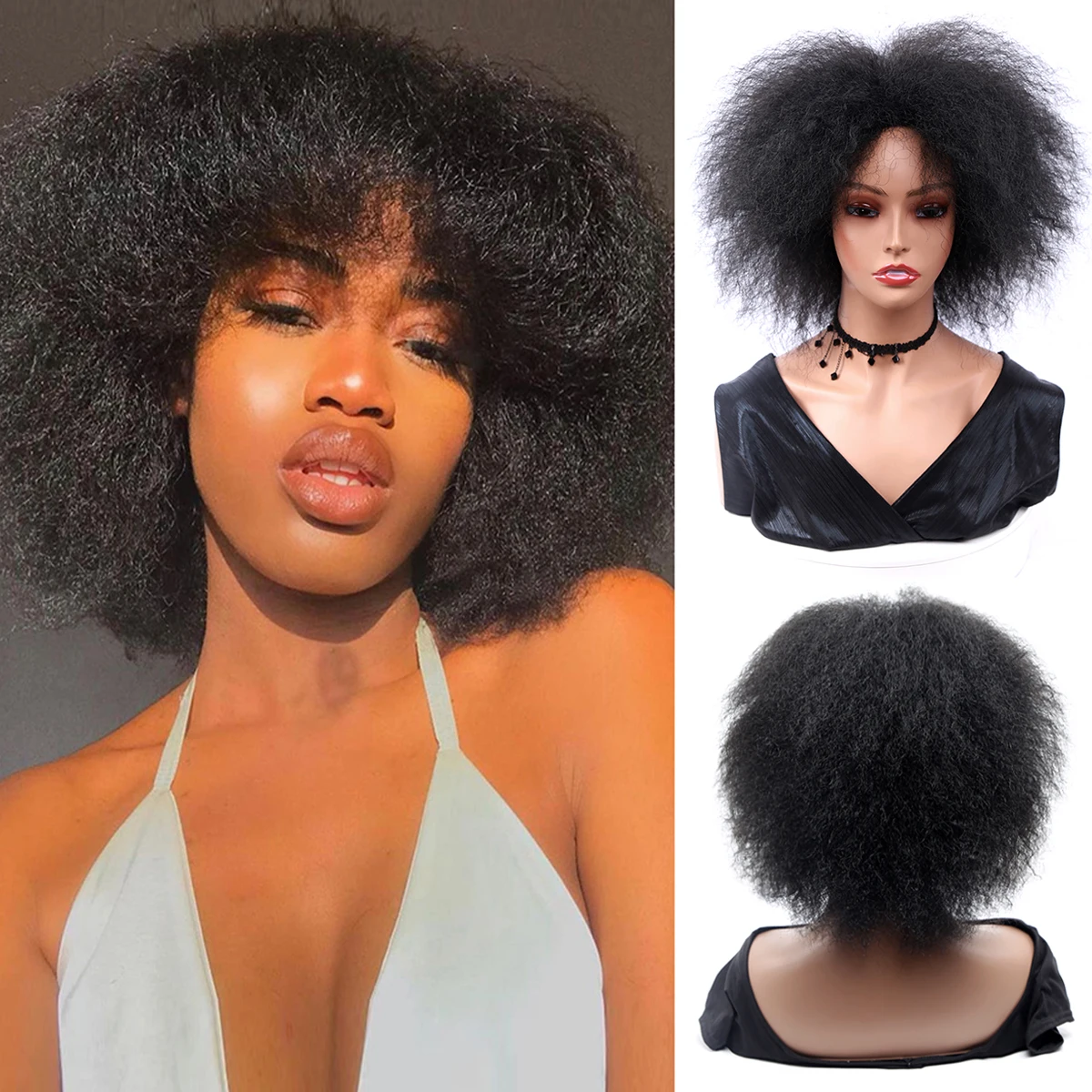 

Synthetic Afro Kinky Curly Wig With Bangs Soft Short Afro Wig For Black Women Very Big Glueless Cosplay Wig Natural Brown Black