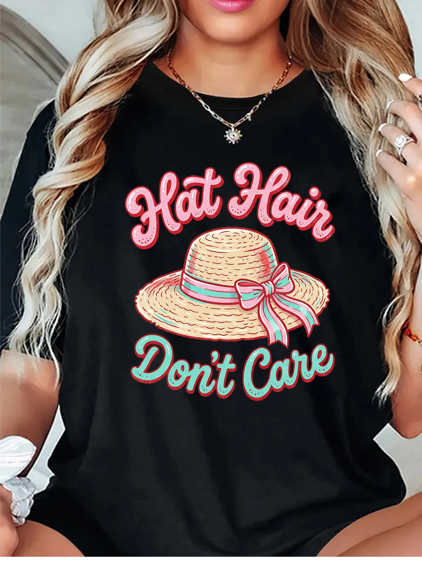 Hat Hair Dont Care Straw Hat Bow Summer Beach Vacation Graphic Womens T Shirt Short Sleeve Crew Neck Casual Ladies Tee Tops