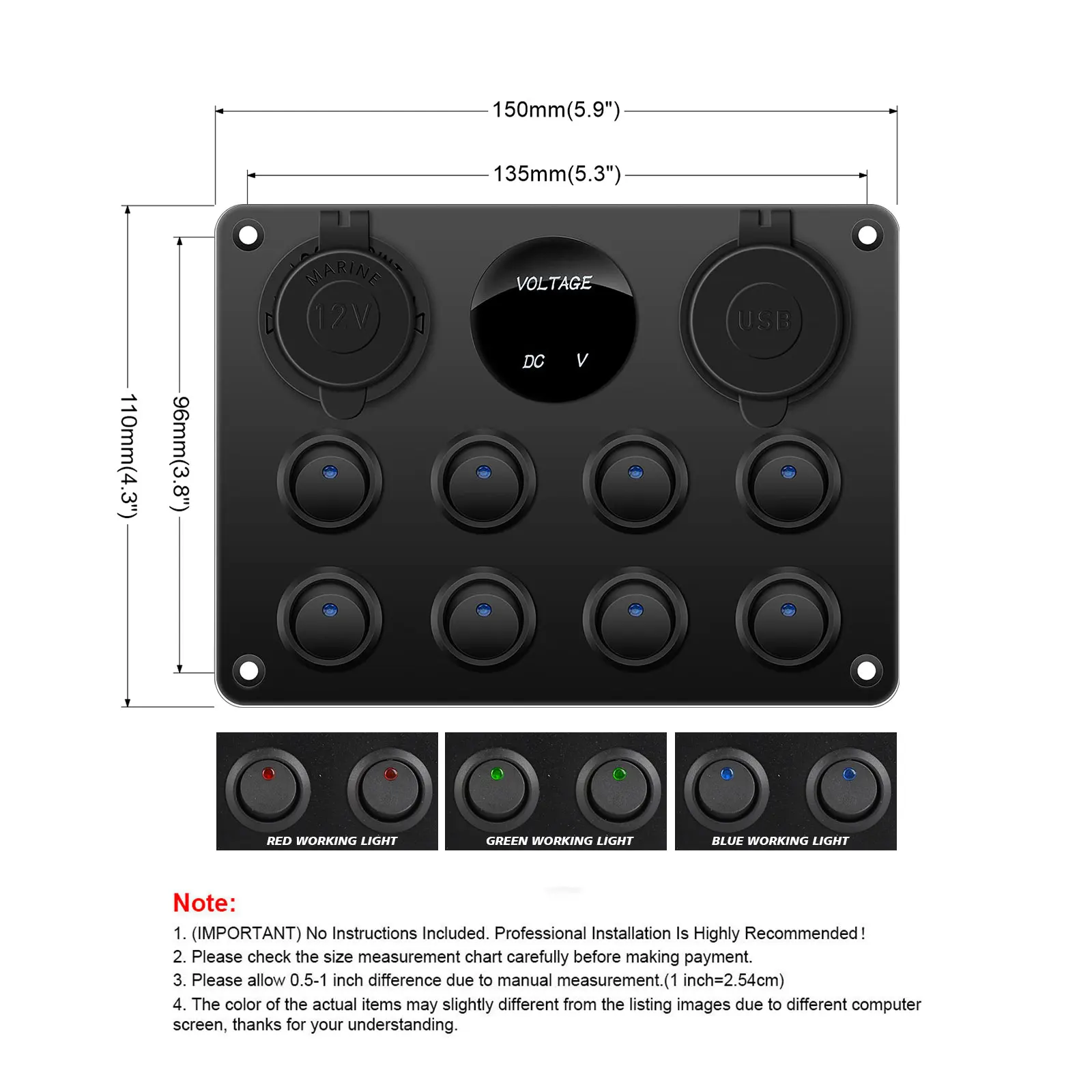 8 Gang 12-24V Switch Panel Dual USB Charger Waterproof Digital Switch Dual Port Outlet Combination LED Rocker for RV Truck Boat