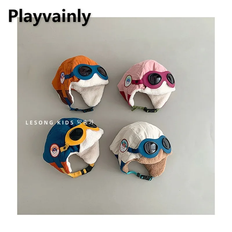 

2025 New Winter Kids Aviator Hat with Goggles Boys Girls Fleece Lining Color-Block Design Warm Hat Toddler Ear Muff Cap H1140