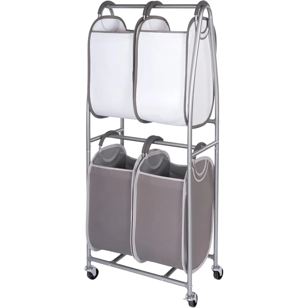 

2 Tier Vertical Rolling Laundry Cart with 4 Tote Hampers Storage Organizer on Wheels for Towels Blankets