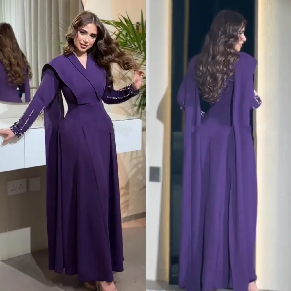 

Customized Exquisite Jersey Pleat Sequined A-line V-neck Long Dresses Bespoke Occasion Homecoming Formal Elegant