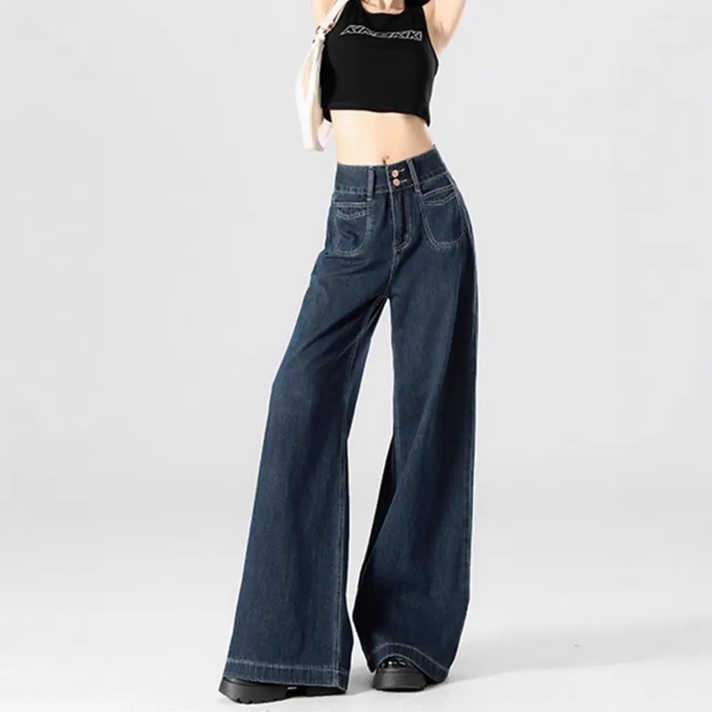 

Женские темно-синие широкие брюки с высокой талией и двойной пряжкой, прочные невыцветающие брюки для мытья полов, простой универсальный драпированный стиль