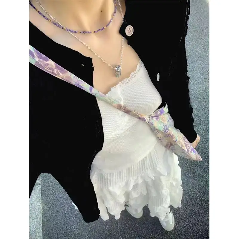 2025 novo japonês coreano primavera verão design sensibilidade petite malha cardigan lacetank saia terno de três peças roupa feminina