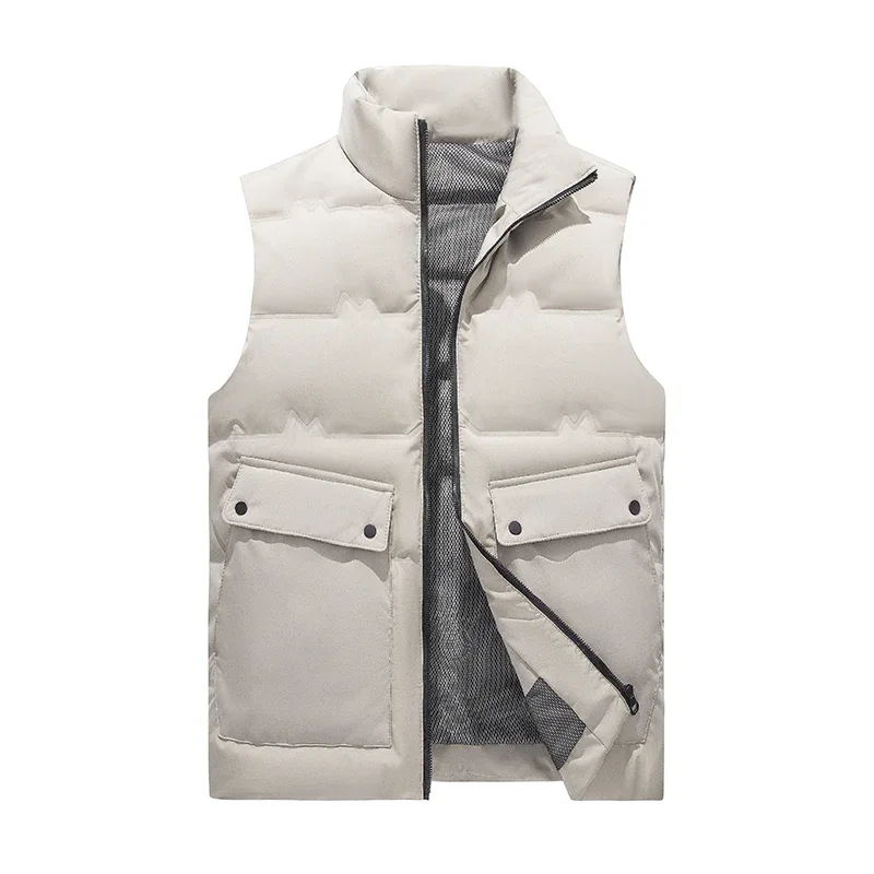 Men's Down Vest Autumn and Winter New Solid Color Simple Trend Large Pocket Outdoor Camping Thermal Coat Men's Sleeveless Jacket