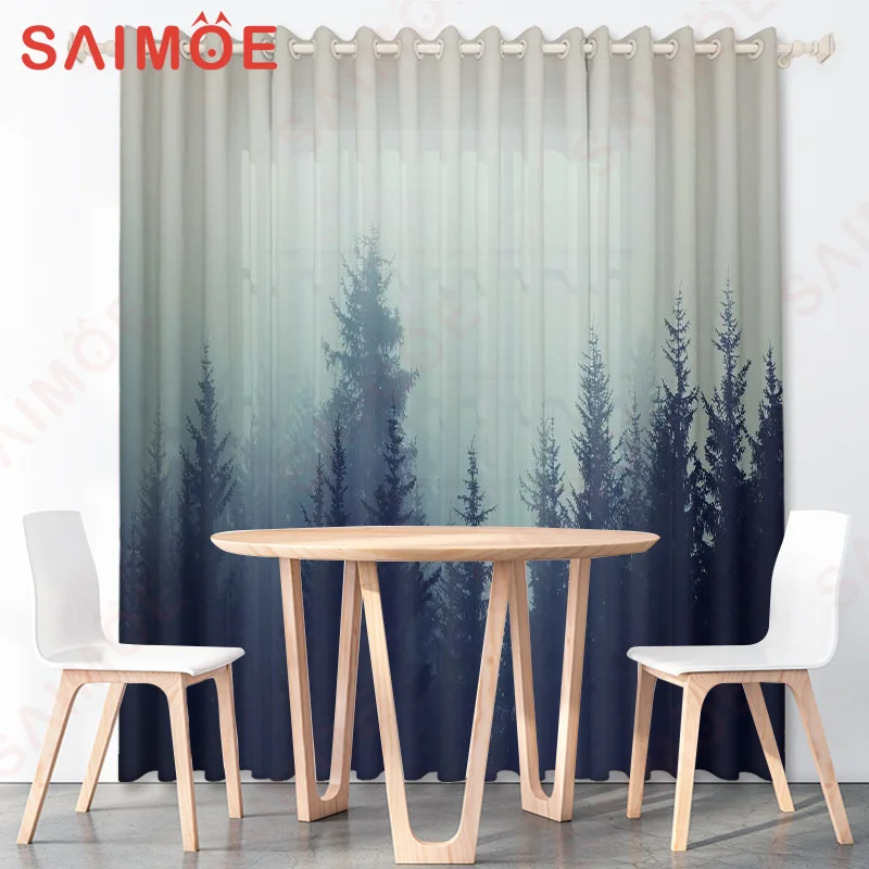 3D Vintage Forest Natural Scenery Curtains Cloud Mist Solid Color Background Thin Polyester Fabric Office Decorations with Hooks