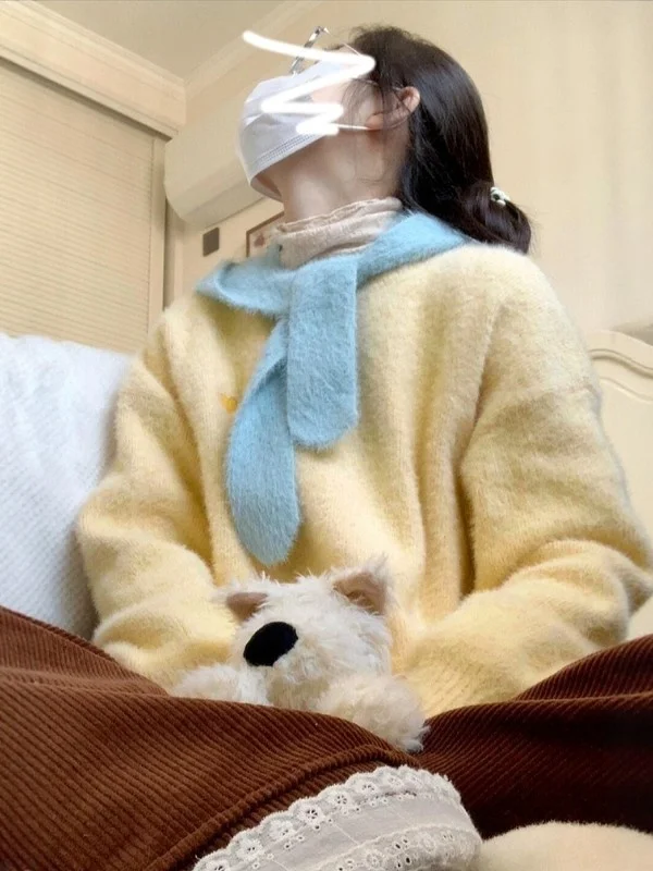 

Новый Желтый Вязаный Свитер 2025 Женский Свободный Крой, Повседневный, Теплый, Уютный, Для Осени и Зимы