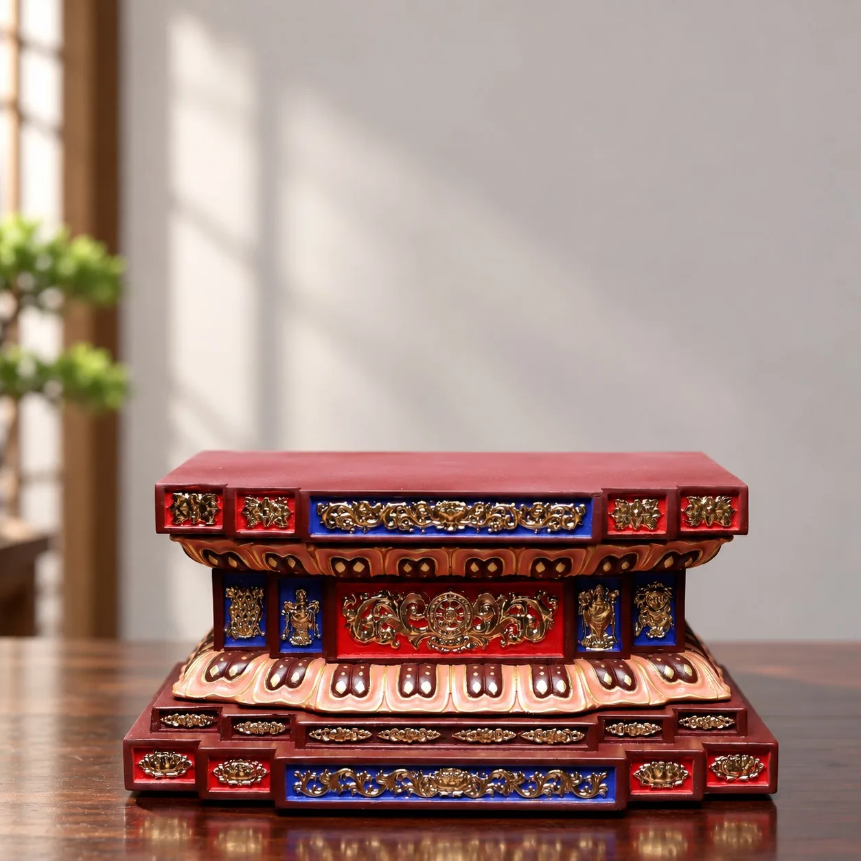 Hand-Painted Wood Lotus Throne Buddha Base for Chinese Feng Shui Zen Home Office Desk Altar Decor Collectible Gift