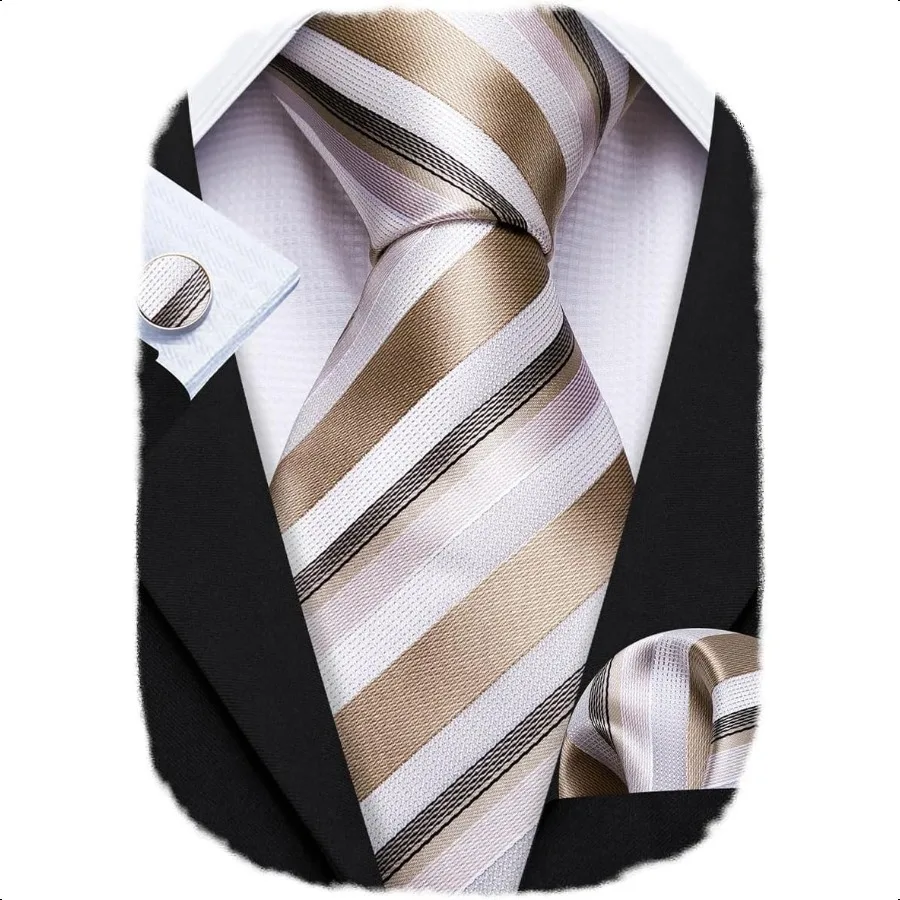 

Barry.Wang Man Stripe Ties Set Silk Woven Pocket Square Necktie Cufflinks Formal Party Business