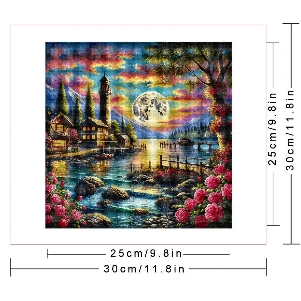 Huacan Diamond Painting New House Rose Flower Moon Landscape Full Round Square Diamond Mosaic Home Bedroom Wall Artwork view 2