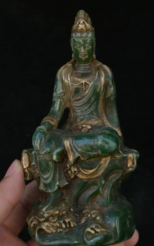 6'' Old China Green Jade Gilt Carving Kwan-yin GuanYin Quanyin Goddess Statue