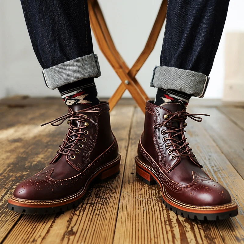 2023 new platform boots handmade vintage British men ankle boots cow leather Tooling shoes motorcycle boots Round Toe Lace-up