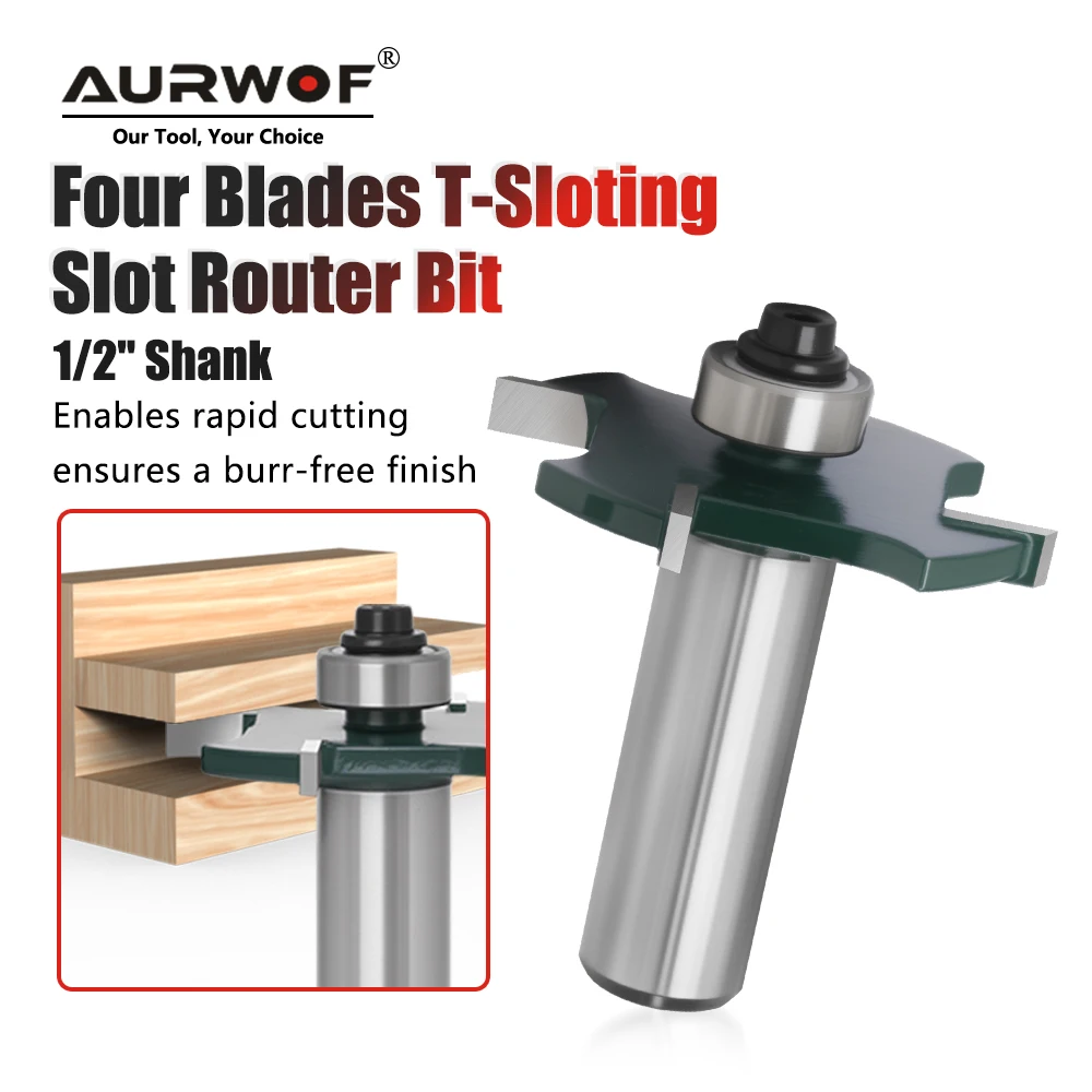 

AURWOF 1pc 1/2" 12.7mm Shank T-Shape Slotting Router Bit, 4 Flute Ball Bearing Guided T-Slot Cutter For Woodworking C13319Z443