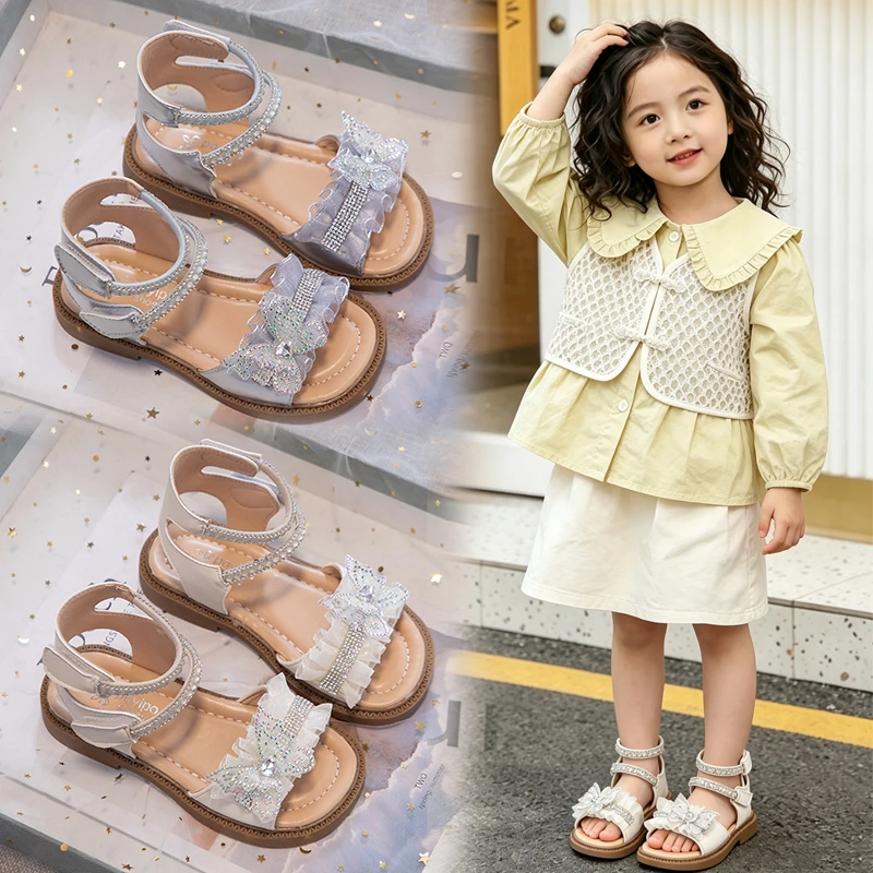 Sparkly Rhinestone Leather Sandals for Little Girls 2026 New Summer Kids Strappy Sandals Soft Sole Trendy Princess Party Shoes