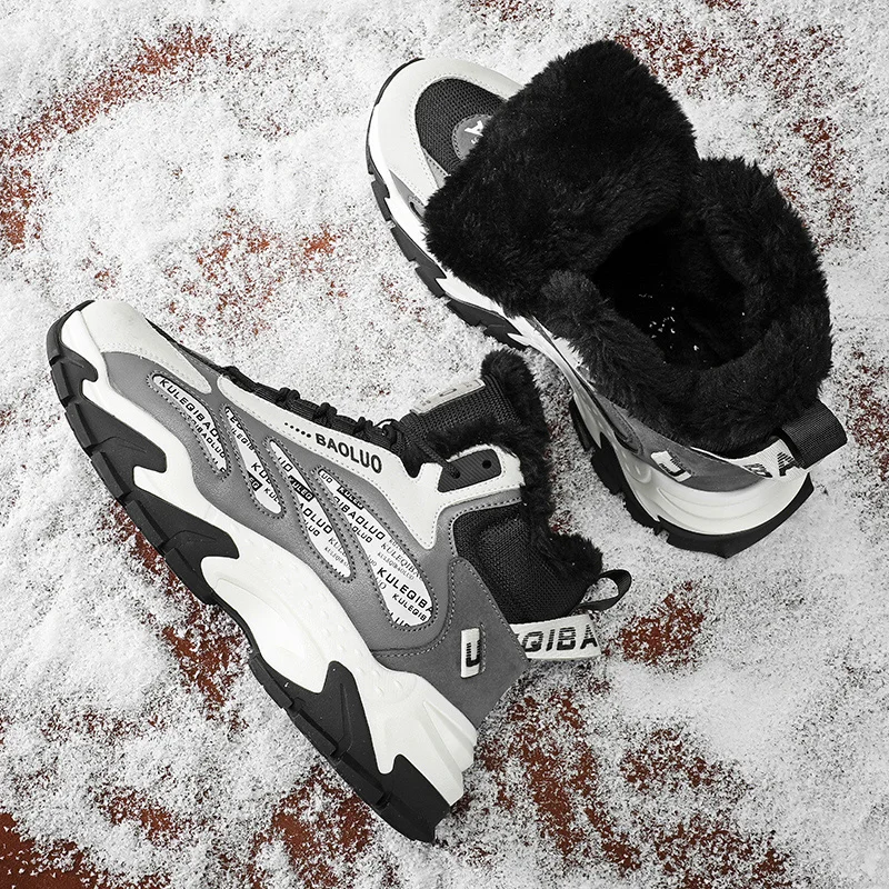 Men's Color-Block Winter Sneakers Fleece-Lined Warm Sports Casual Shoes Fashion High-Top Sneakers Trendy Streetwear