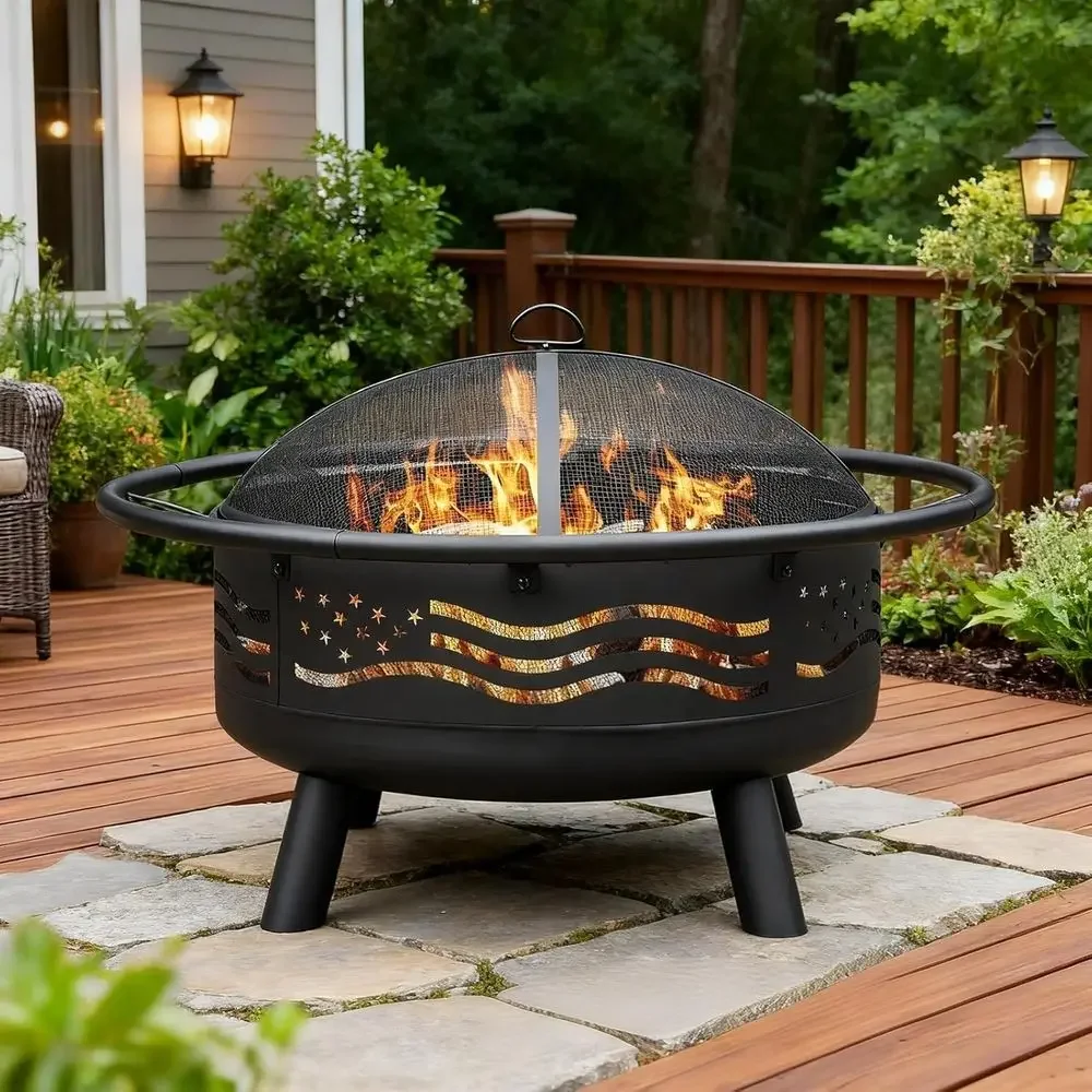 32 Inch Round Metal Wood Burning Fire Pit with Mesh Cover & Poker, Perfect for Outdoor Patio, Garden, Backyard Gatherings, Ideal