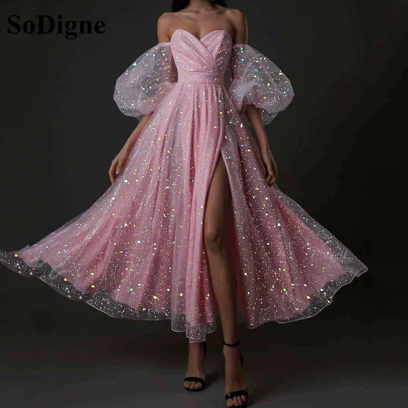 SoDigne Shining Dusty Pink Evening Dresses Puff Sleeves Side Split Prom Gowns Tea Length 2024 Formal Party Dresses Customized