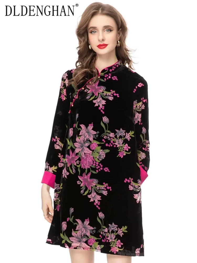 

DLDENGHAN Spring Loose Velvet Dress Women Square Collar Long Sleeve Beading Floral Print Chinese Style Dress Fashion New