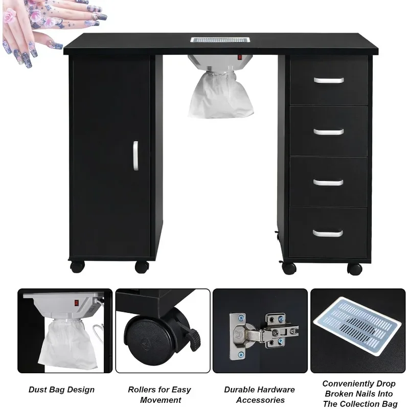 Nail Technician,Nail Tech Desk Vanity Table with Single Door,4 Drawers and Dust Collector,Makeup Nail Organizers