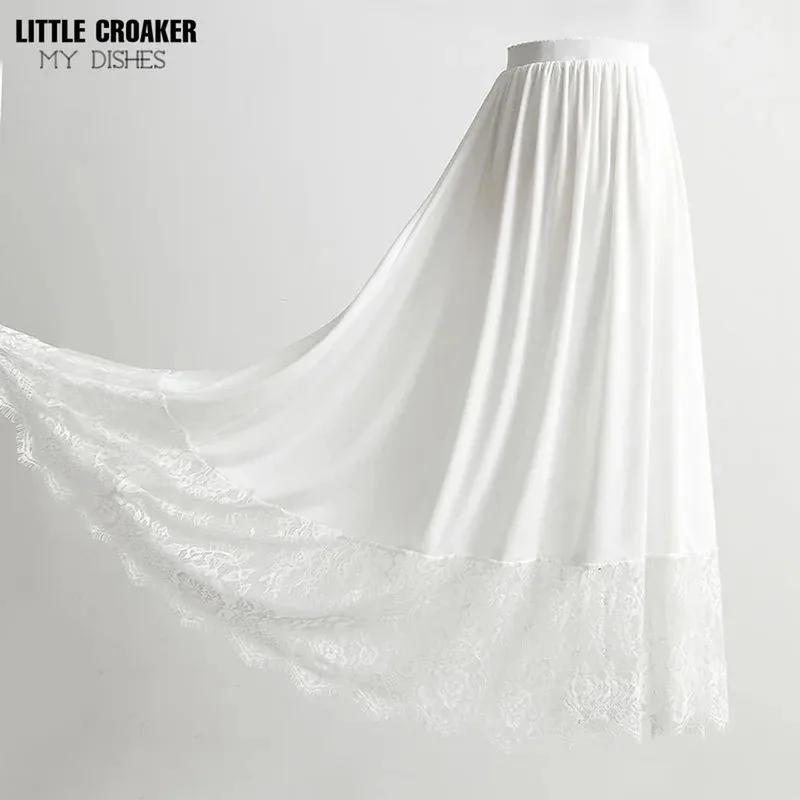 Enagua con forro de cintura alta de estilo chino, Falda larga plisada, parte inferior Maxi, falda de encaje blanco y negro para Hanfu