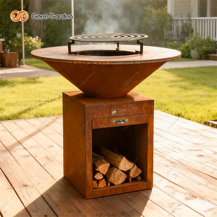 BBQ Island Outdoor Kitchen Cooking Grill Manufacturer Corten Steel Charcoal Fire Pit with Tepanyaki BBQ Grills