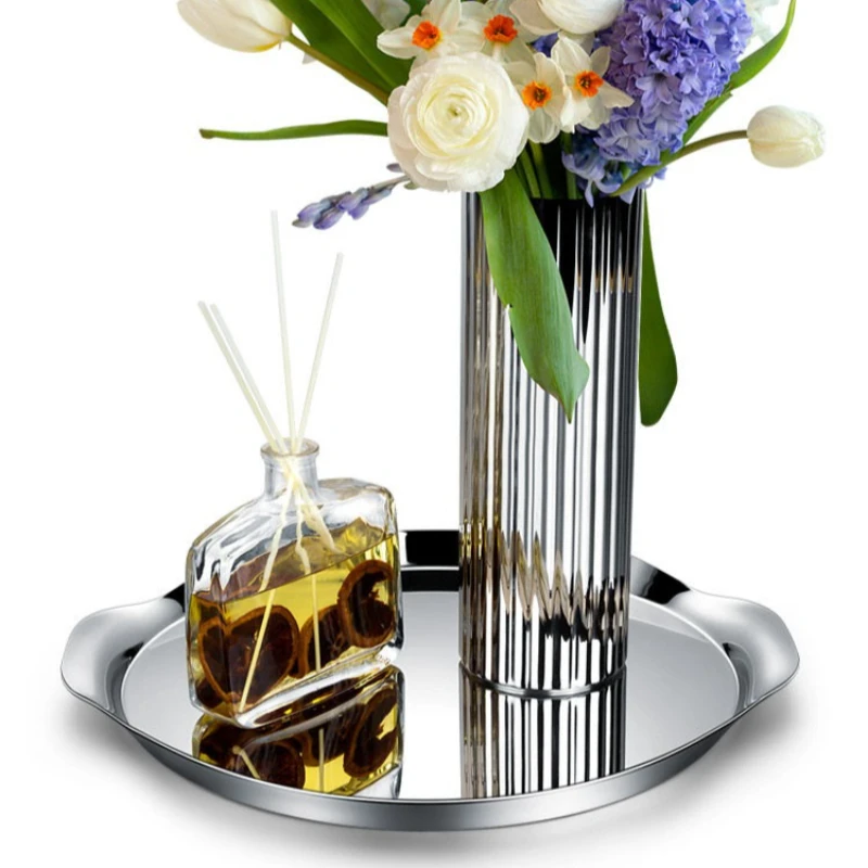 Stainless Steel Serving Plate with Handle Round Nordic Dessert Dinner Plate Luxury Hotel Storage Wine Set Plates Home Decoration