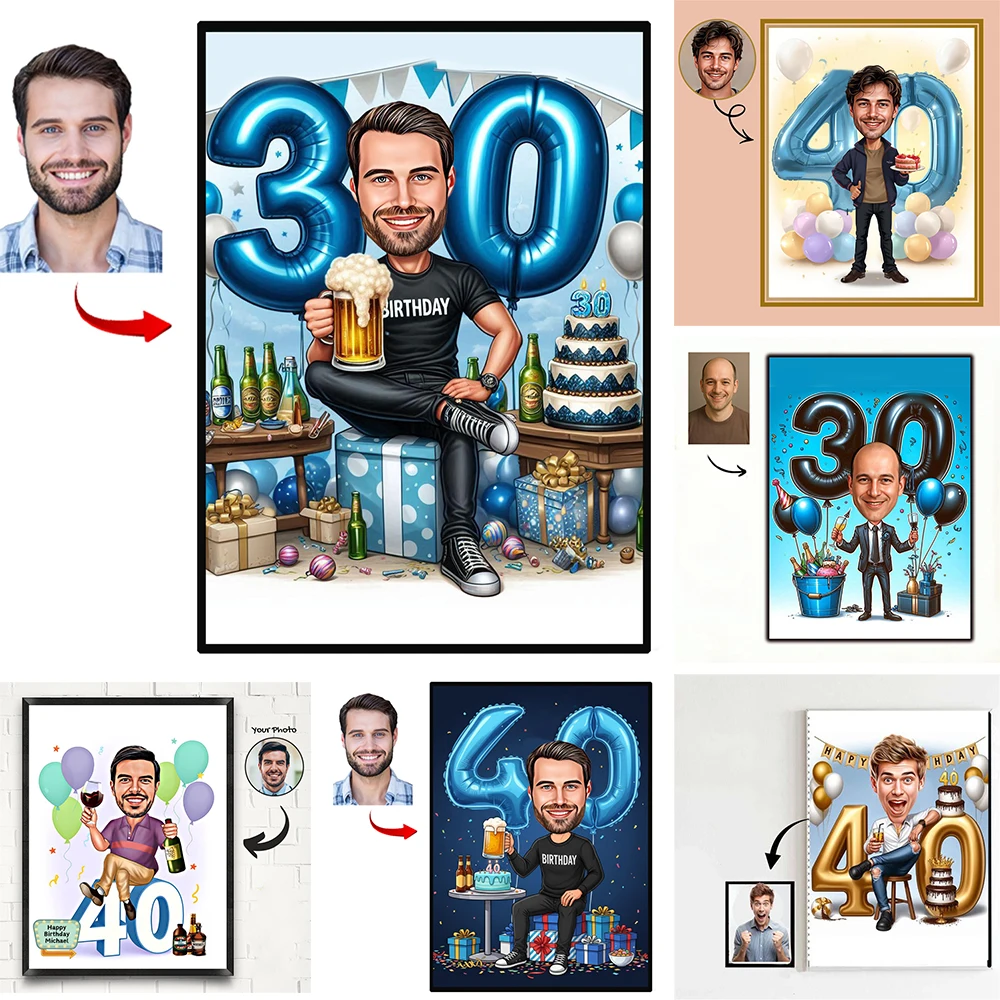 

Custom Caricature 30th Man's Birthday Poster Funny Birthday Cartoon Prints 40th Birthday Caricature Canvas Painting Male Gifts