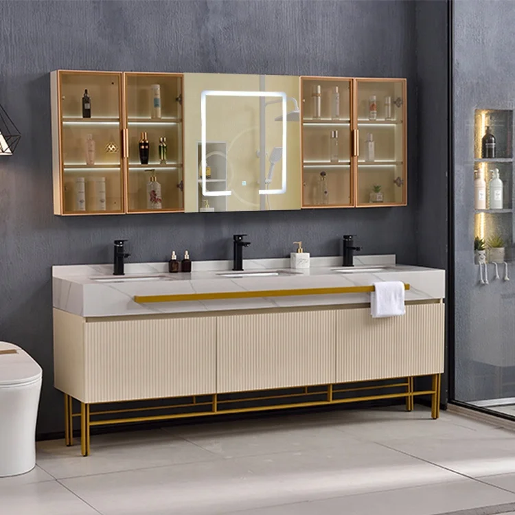 Luxury Modern Washroom Waterproof Storage 30 Inch Cabinet Floor Standing Three Sink Bathroom Vanitiespromote sales