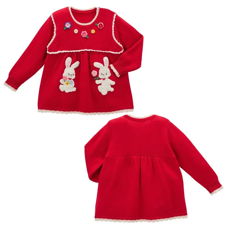 

Осенний вязаный свитер для девочек, милый кролик с цветком, рождественский трикотаж для девочек, детские трикотажные изделия, детские зимние праздничные красные свитера