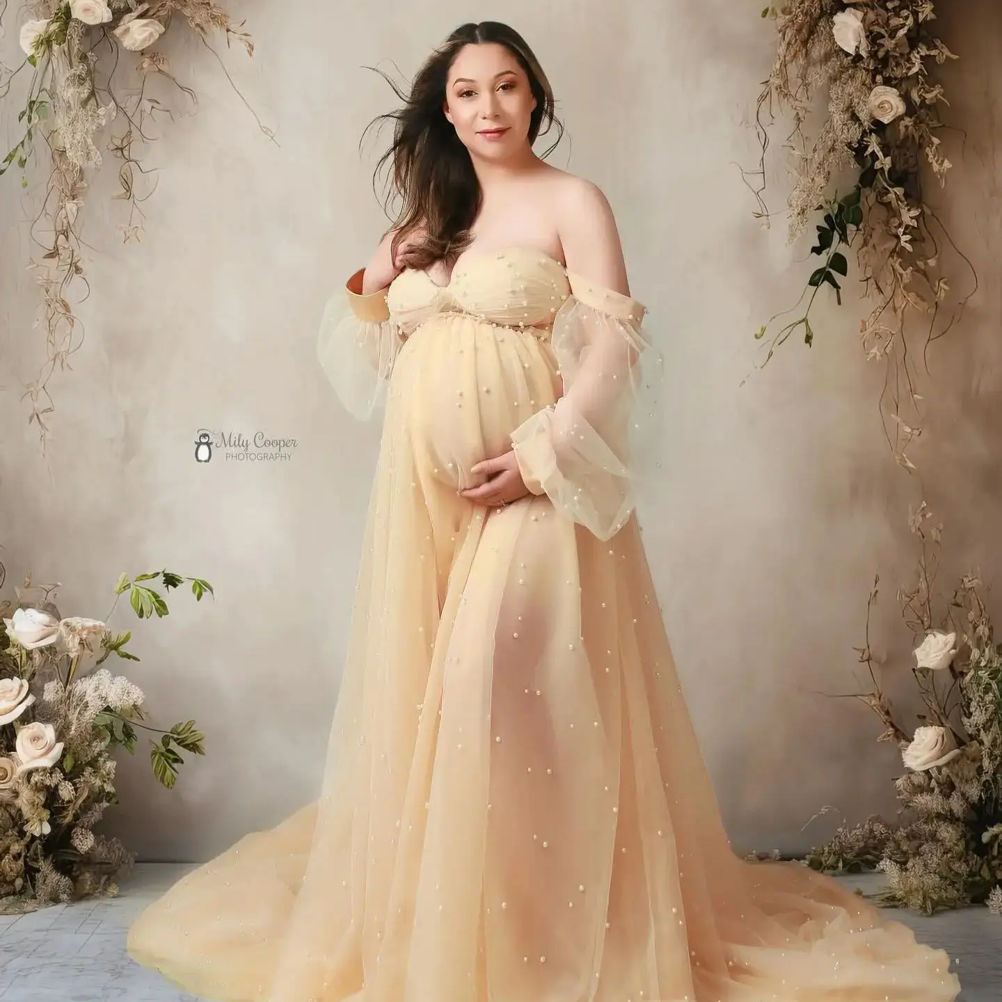 

Champagne Maternity Dresses for Pregnancy Romatic Beading Prom Dresses Off Shoulder Pregnant Babyshower Photography Props