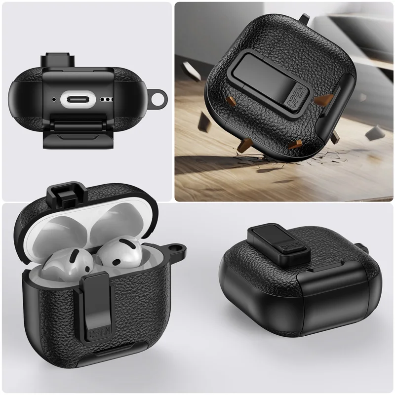 Luxury Leather Textured Headphone Case with Stand for Airpods 4 Pro 2 3 2 1 Case Drop-proof Headphone Case with a Hook - view 2
