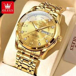 OLEVS Men's Watches Fashion Gold Original Quartz Watch for Man Stainless Steel Waterproof Luminous Wrist Watch Date Week Roman