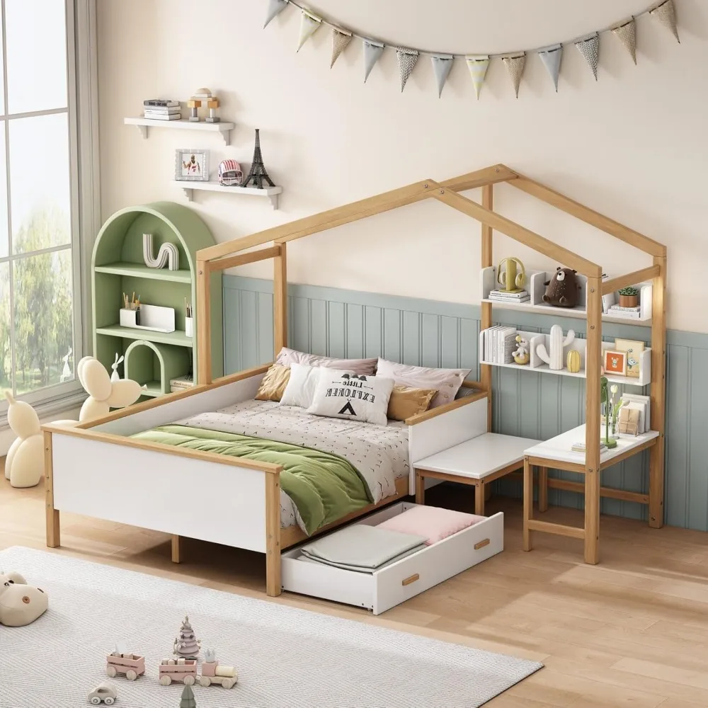 

Full Size Wooden House Bed with Drawer,Bed Frame with Desk and Bookshelf,Montessori Bed Daybed for Children Girls Boys,White